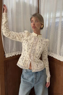 Women's White Long-Sleeve Embroidered Lace Blouse – Elegant Top