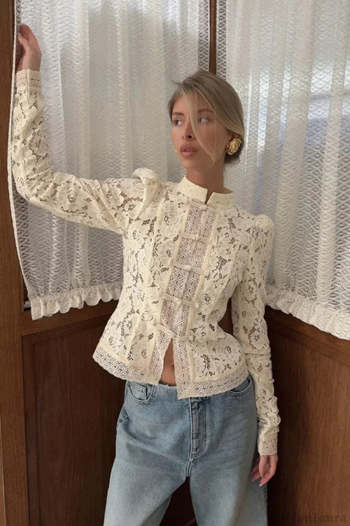 Women's White Long-Sleeve Embroidered Lace Blouse – Elegant Top