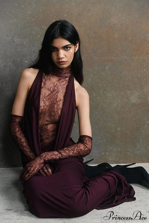 Lace Panel Halterneck Deep V Ruched Party Dress