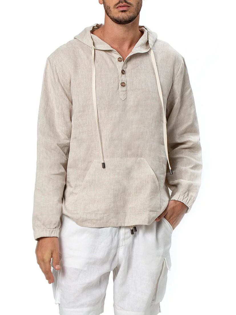 Men's Lightweight Linen Hoodie – Long Sleeve Drawstring Casual Shirt