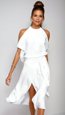 Women's White Halter Neck Midi Dress – Asymmetrical Flowing Hem