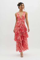 Women's Layered Chiffon Maxi Dress – Sleeveless V-Neck Open Back Gown