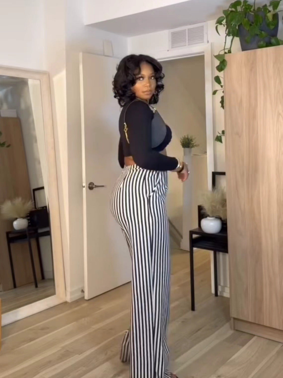 Women Stripe Printed High Waist Straight Leg Pants – Casual Pocket Trousers