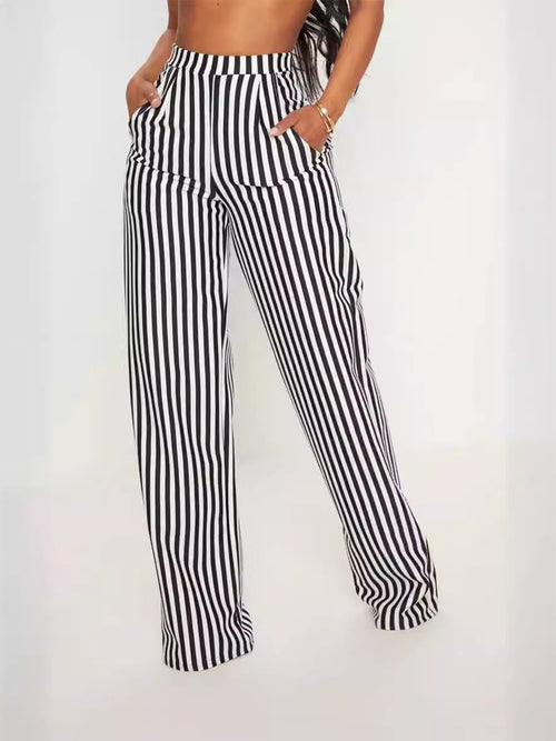Women Stripe Printed High Waist Straight Leg Pants – Casual Pocket Trousers