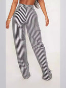 Women Stripe Printed High Waist Straight Leg Pants – Casual Pocket Trousers