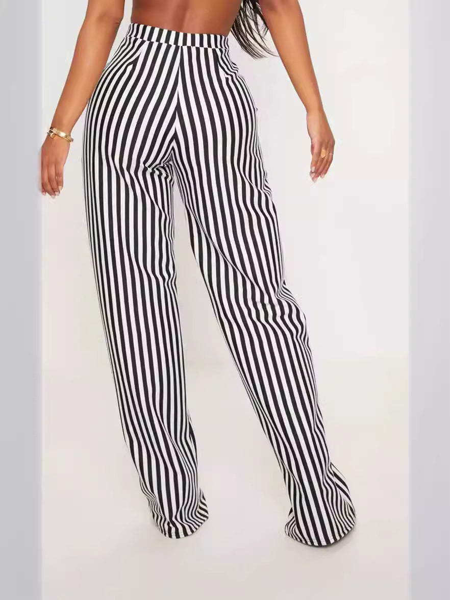 Women Stripe Printed High Waist Straight Leg Pants – Casual Pocket Trousers