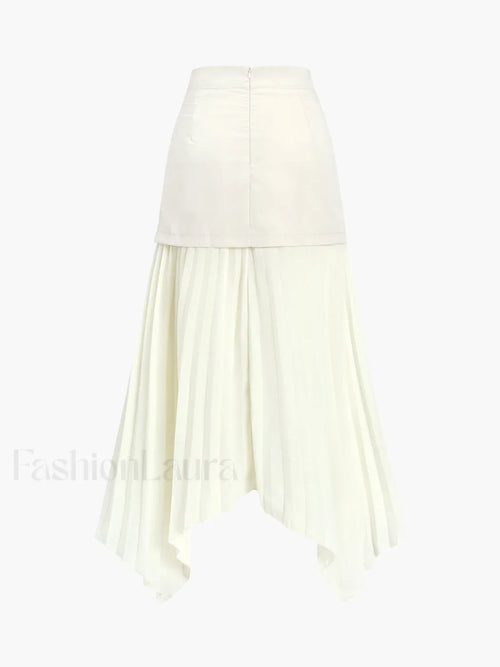 Patchwork Asymmetrical Pleated Buttoned Midi Skirt