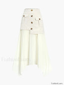 Patchwork Asymmetrical Pleated Buttoned Midi Skirt