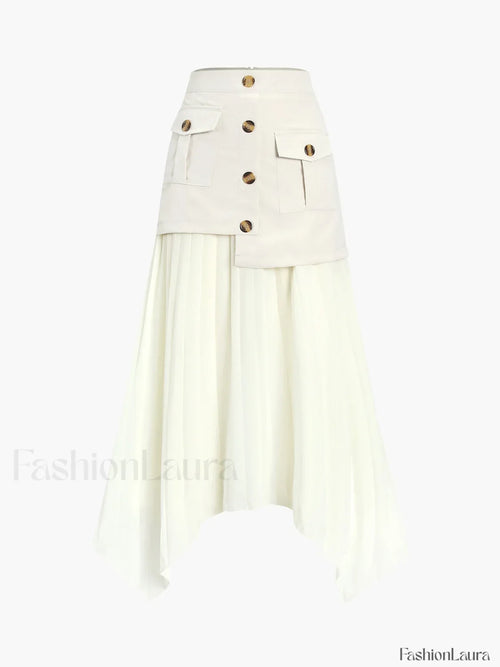 Patchwork Asymmetrical Pleated Buttoned Midi Skirt