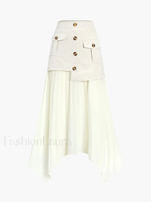 Patchwork Asymmetrical Pleated Buttoned Midi Skirt