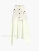 Patchwork Asymmetrical Pleated Buttoned Midi Skirt
