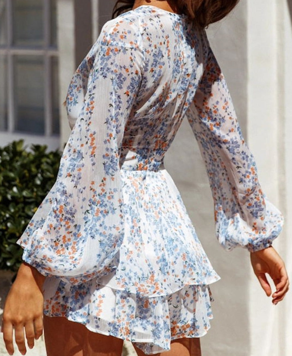 Women's V-Neck Long Sleeve Floral Ruffled Romper – Summer Playsuit