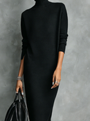 Women's Elegant Black Knitted Turtleneck Long-sleeved Loose-fitting  Midi Dress With No Pockets