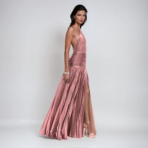 Women’s Halter Neck Metallic Maxi Dress - Front Slit Evening Glam