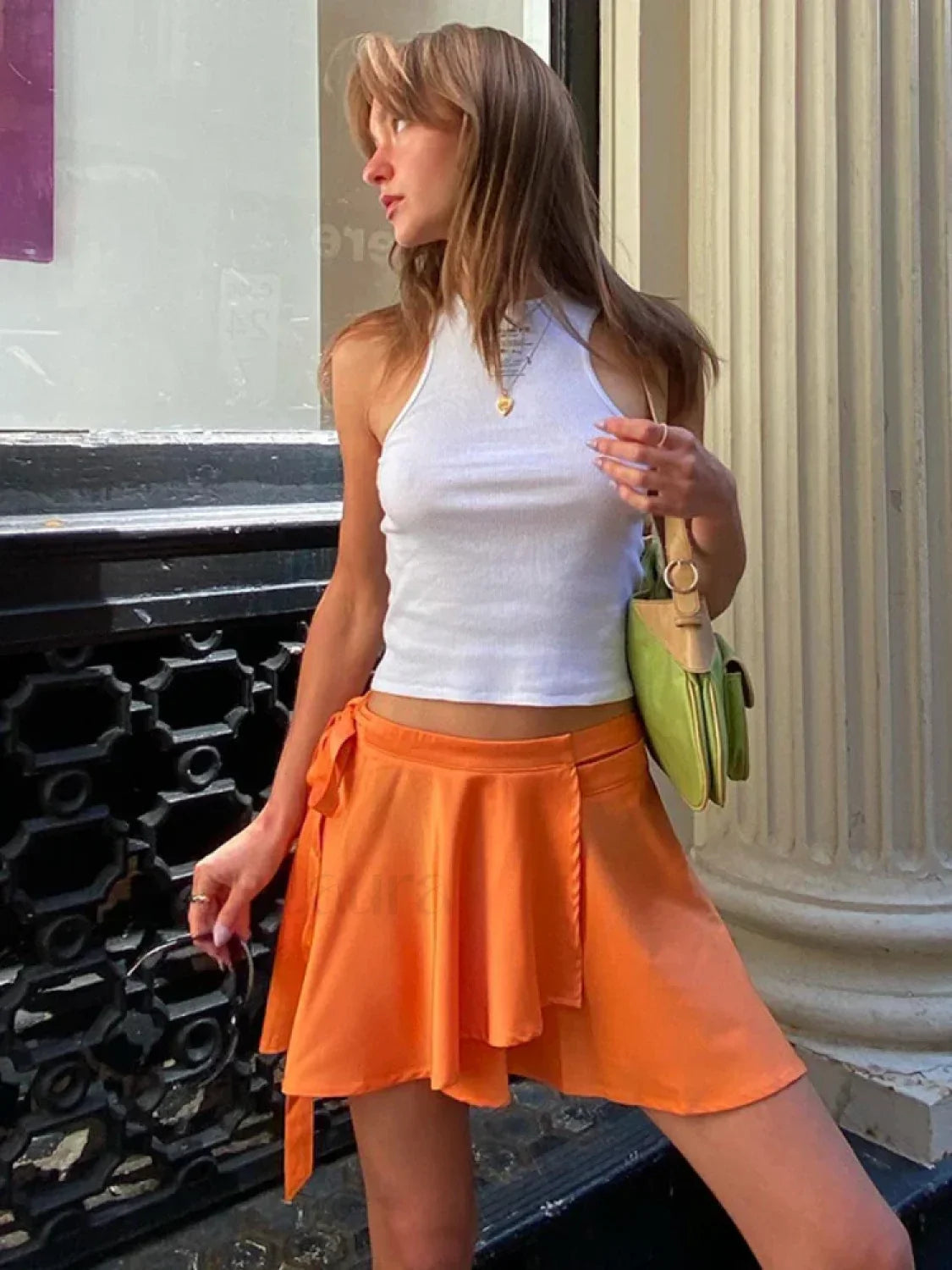 Satin Lace-Up Asymmetric Mini Skirt