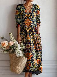 Women's Boho V Neck Floral Midi Dress – Casual Summer Comfort Dress