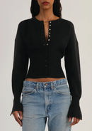 Women's Ribbed Cropped Button Cardigan – Fitted Long Sleeve Knit Top