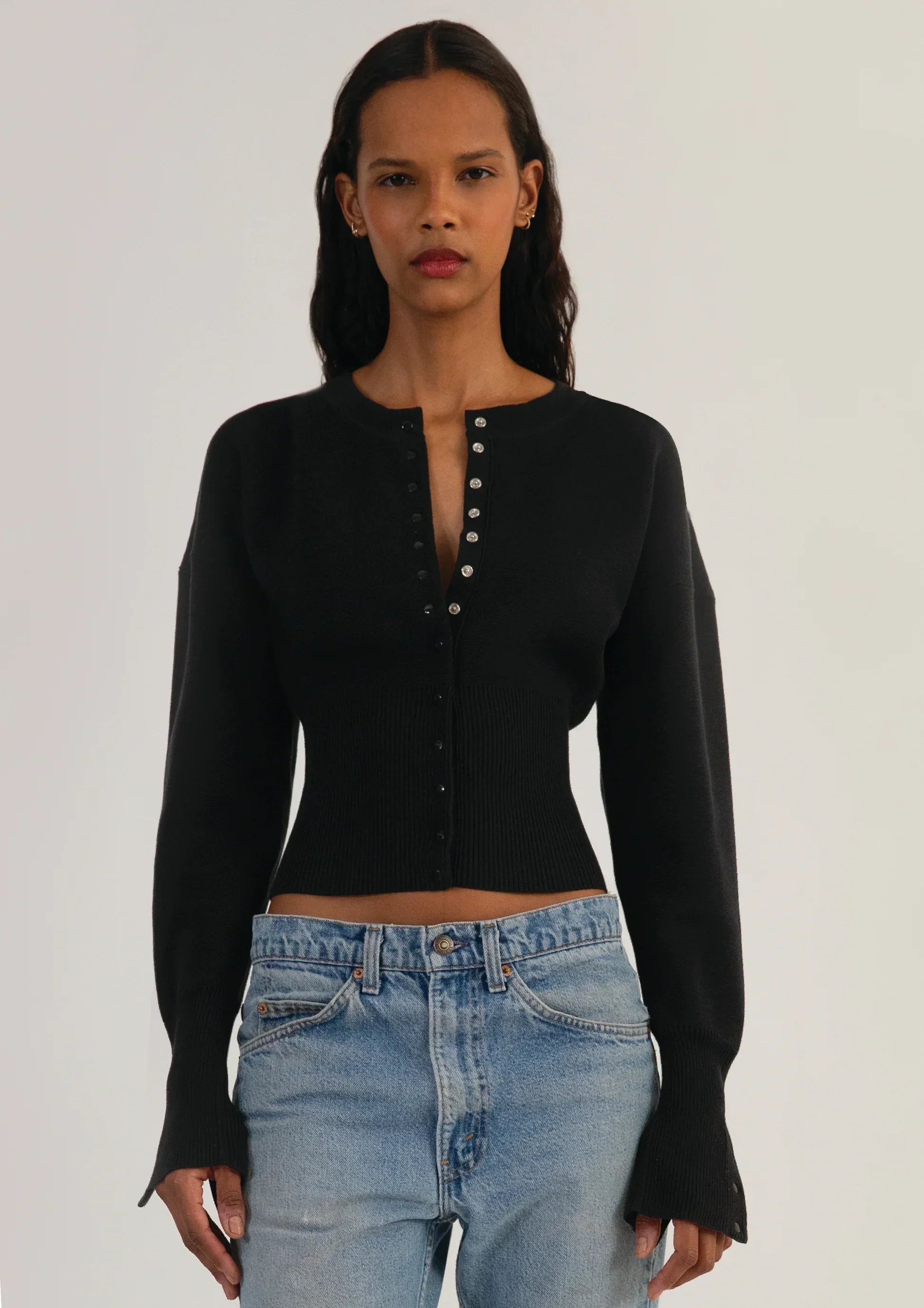 Women's Ribbed Cropped Button Cardigan – Fitted Long Sleeve Knit Top