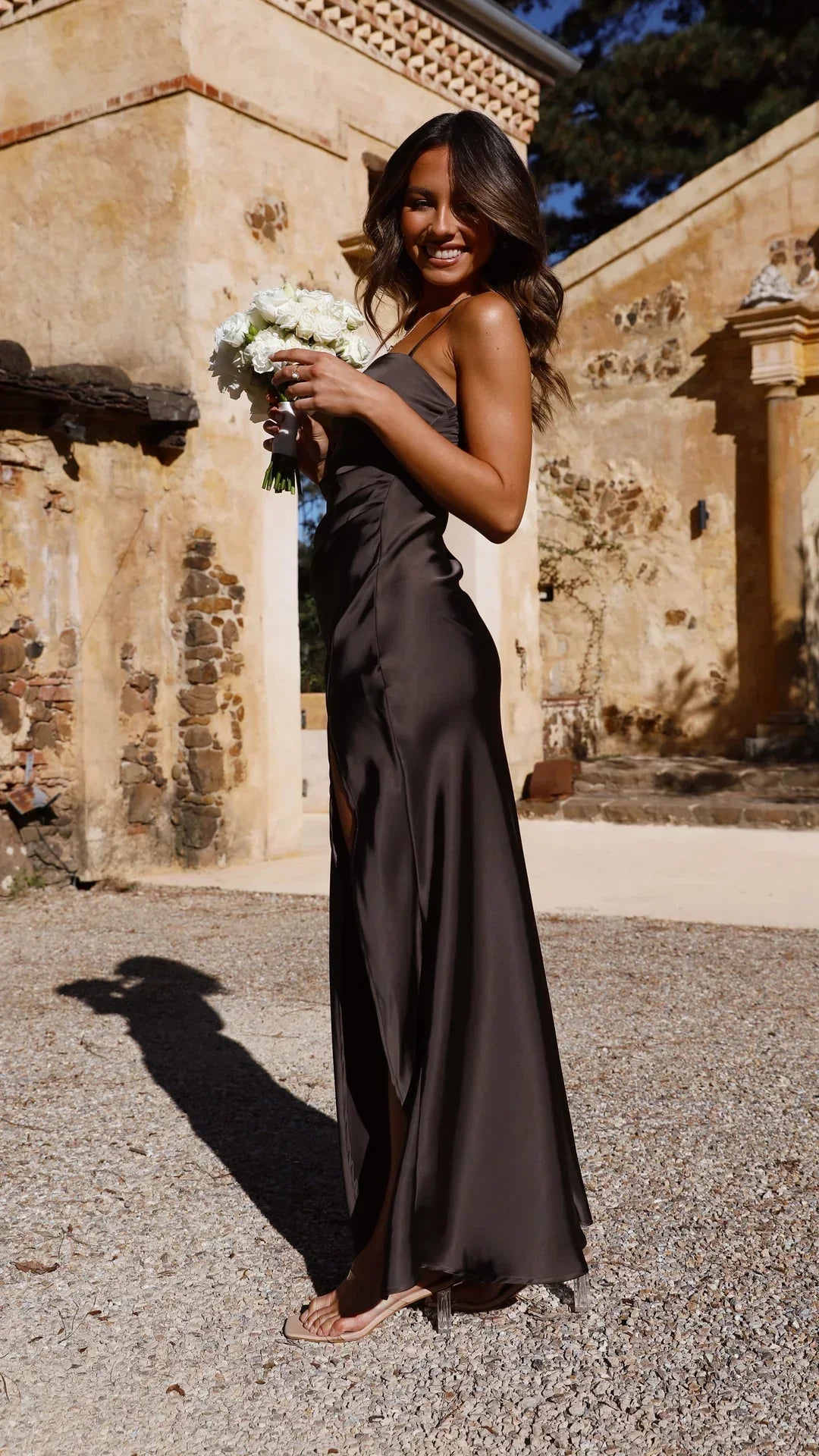 Sleeveless Satin Dress with Cowl Neck and Slit
